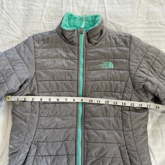 The North Face Grey Green Fleece Lined Reversible Girls Jacket USL 14-16 - Picture 3 of 9